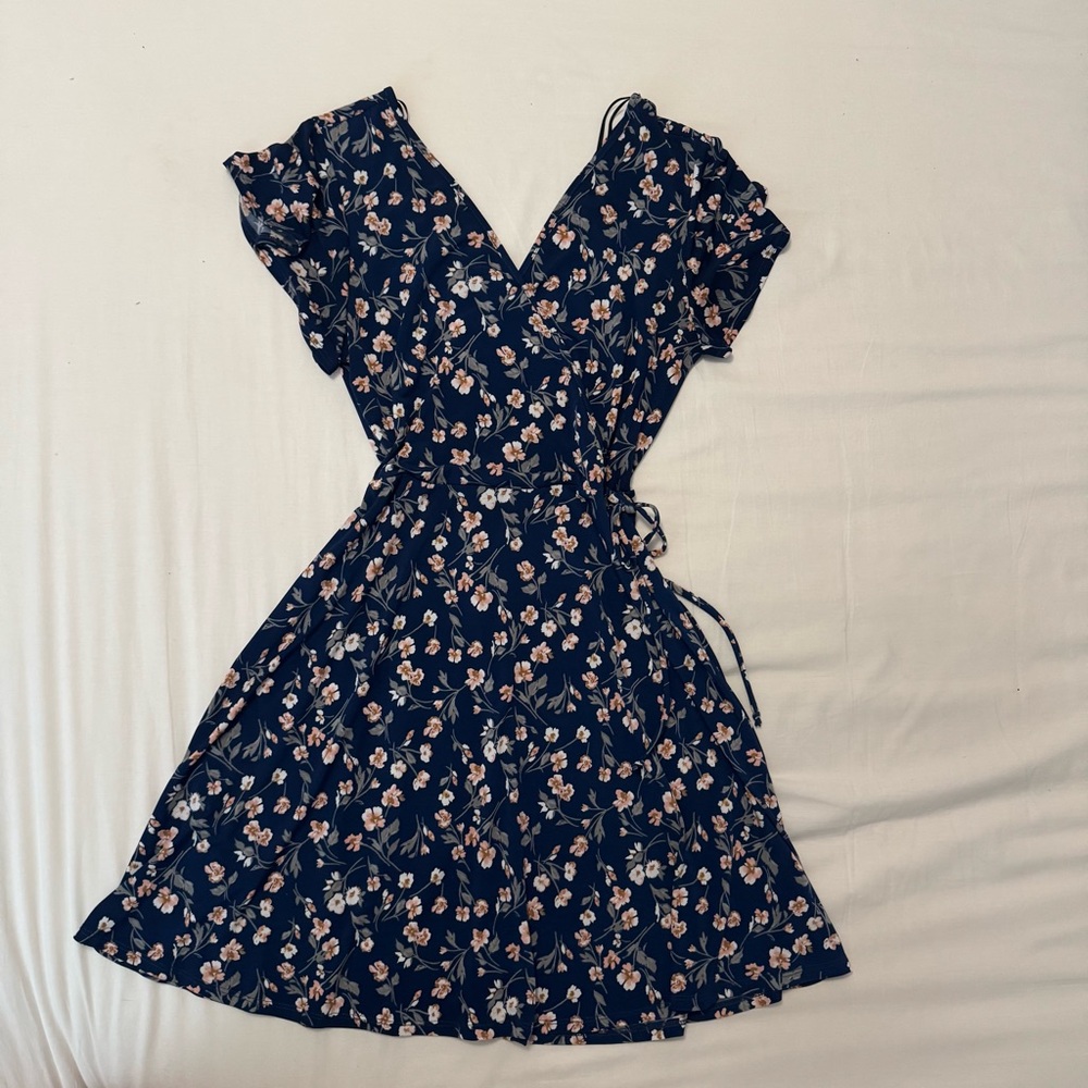 Kaileigh Navy Floral Wrap Dress with Pink Blossoms